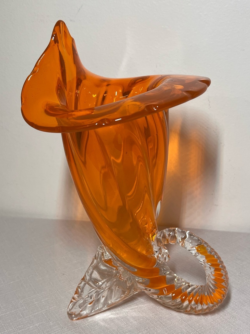 Vintage Murano Style Cased Orange Glass Cornucopia Vase
Glass Clear Spiral Base